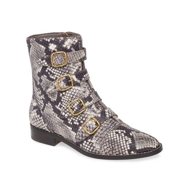 NWT J. Crew Multi-Buckle Snakeskin Leather Short Boot in Ivory Black - Picture 2 of 12